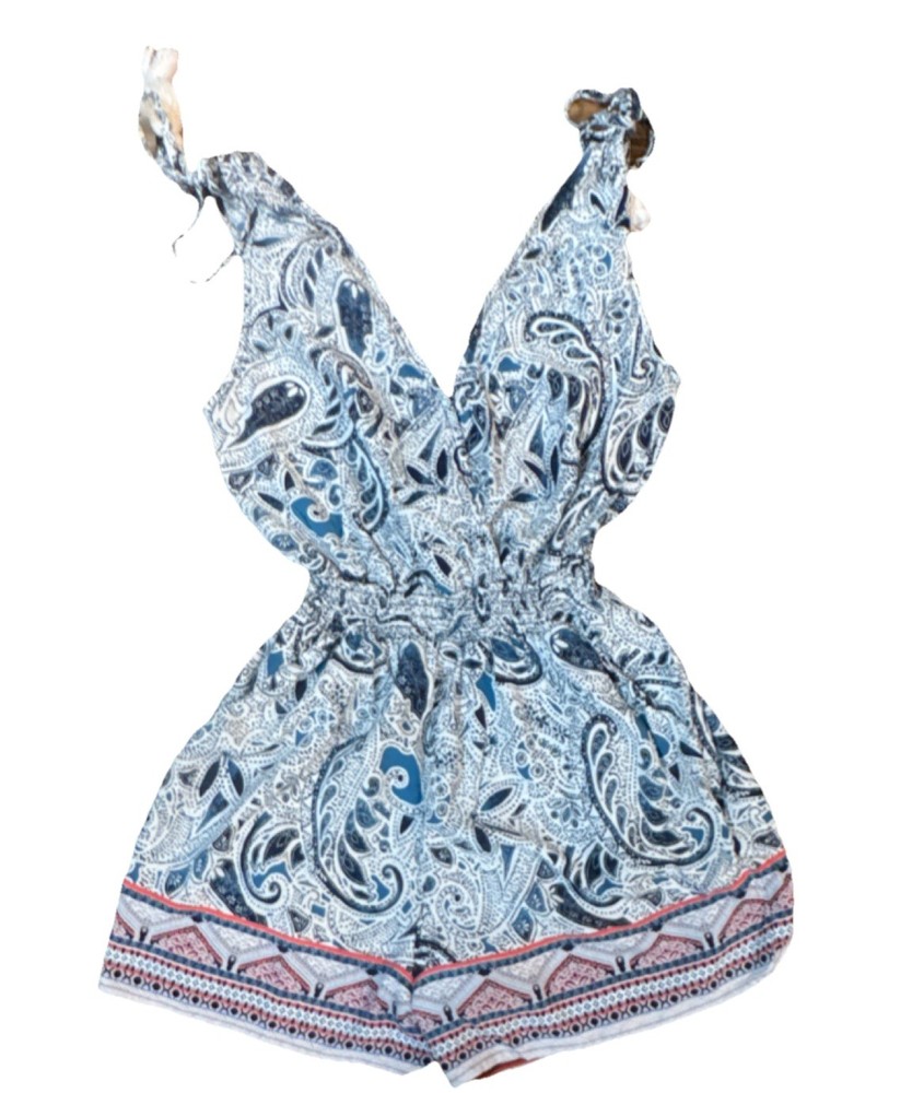BeBop Women's Paisley Blue White Pink Romper Sleeveless Tie V-Neck Size M