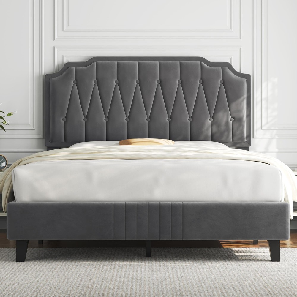 Base De Cama Full Size Madera y Metal Tapizada Con Cabecera Moderna Gris Baratas