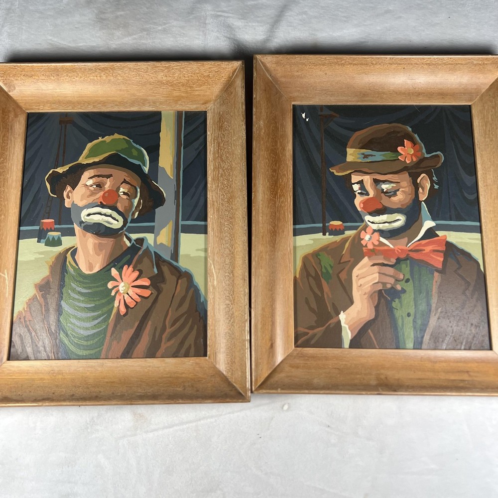 Vintage Hobo Clown Paint By Number Pair Framed Circus Art Set of 2 Wall Decor