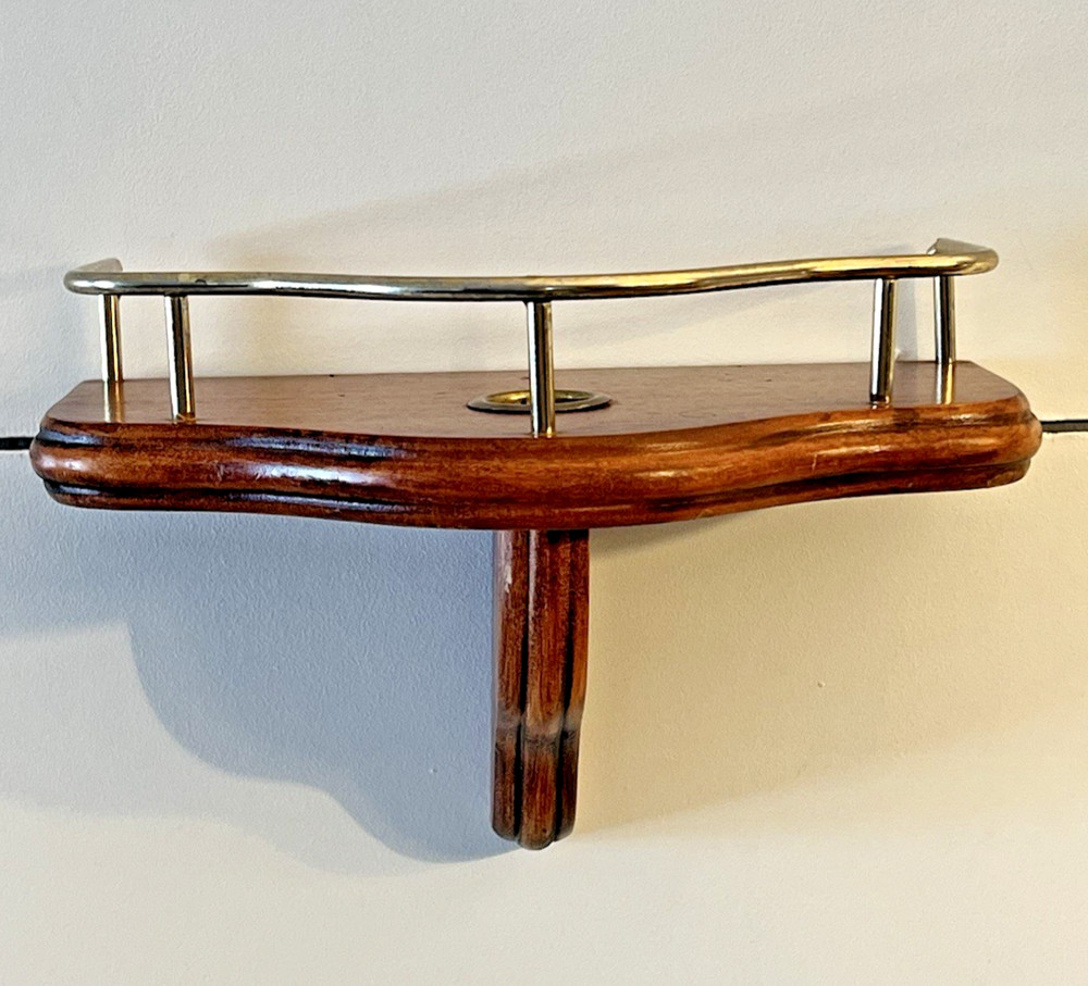 Vintage MCM Dark Wood Brass Tone Candle Holder Wall Sconce Shelf Scallop Edge