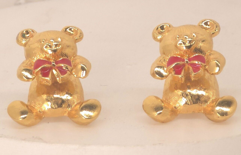 Vintage Avon Teddy Bear wiggle gold tone red bow earrings 21x16mm