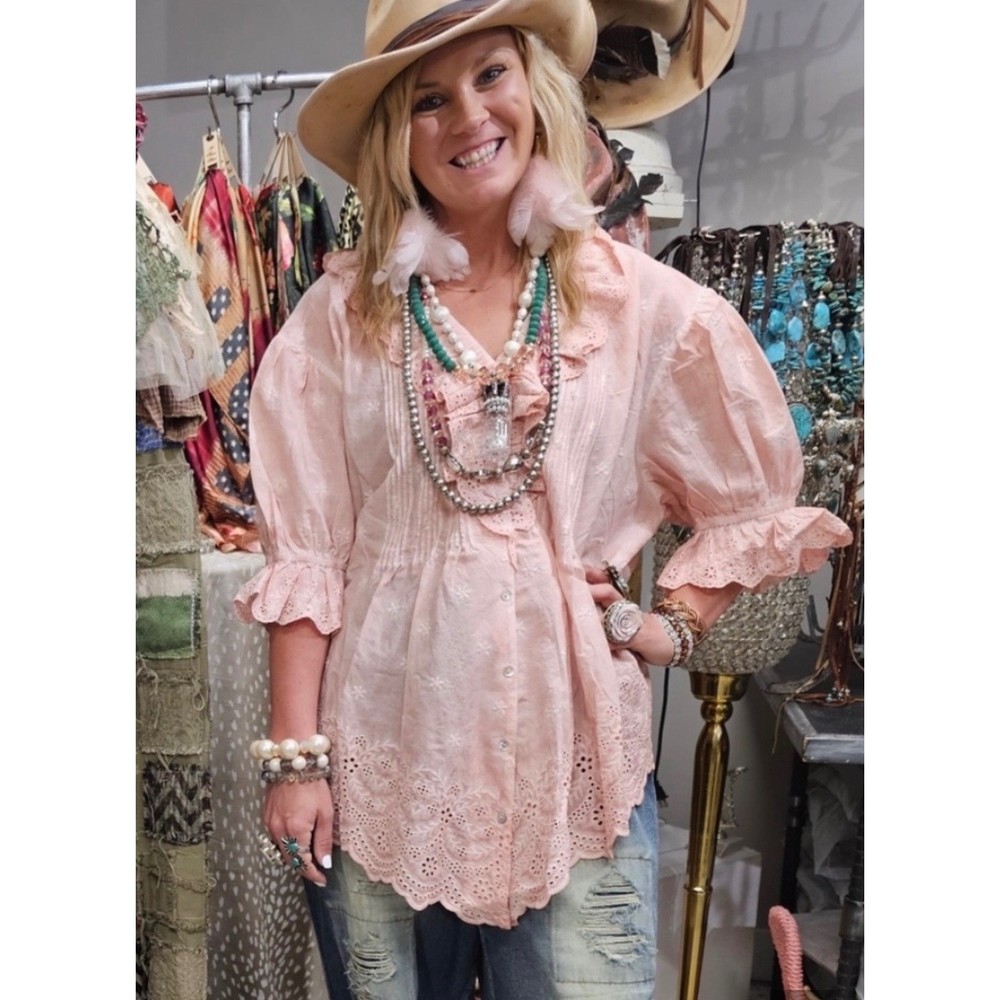 A Rare Bird Pink Cotton Eyelet Lace Ruffle Peasant Boho Blouse Top O/S NWT
