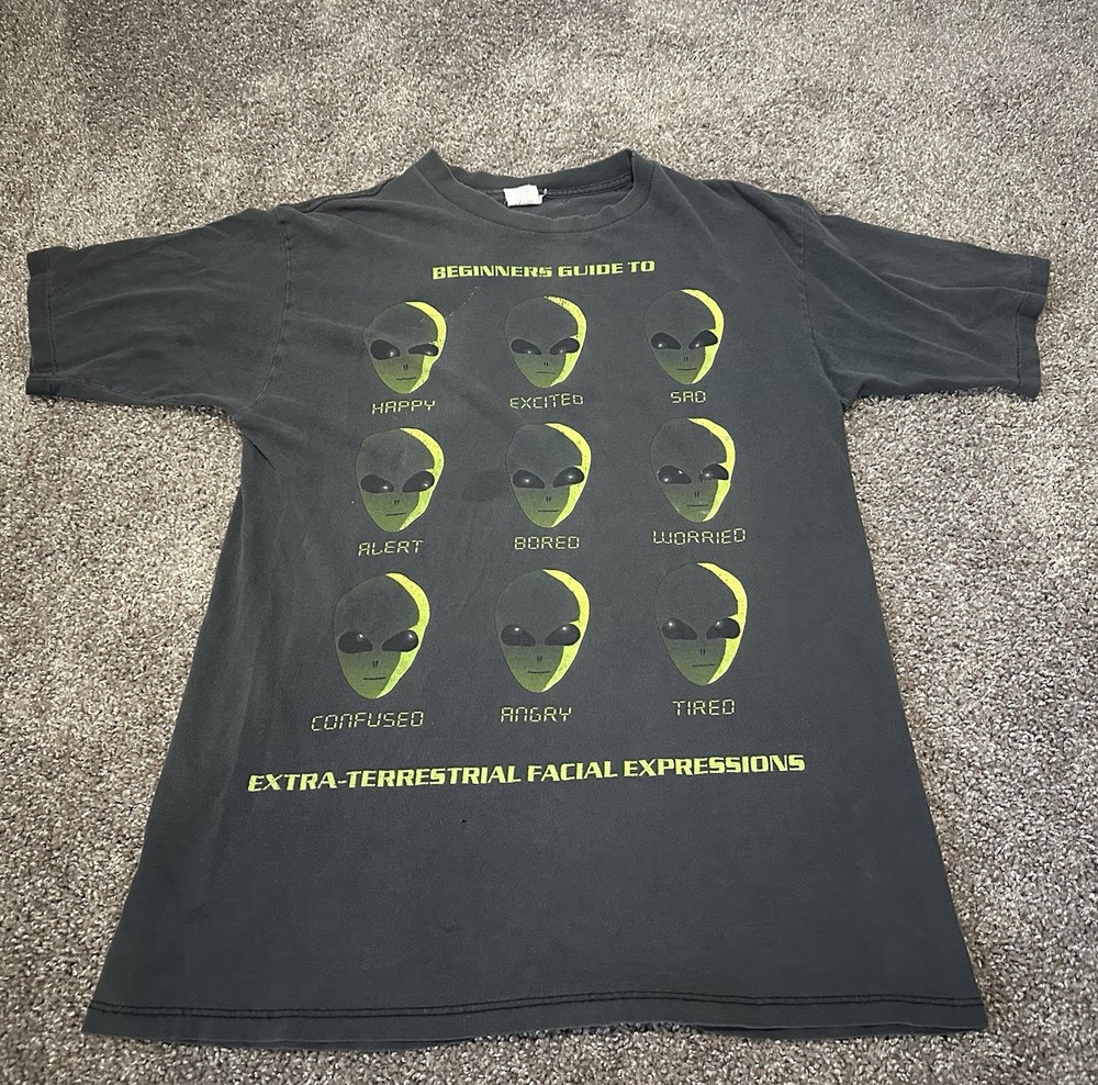 Vintage Alien Shirt Mens L Black Many Moods Personality 90s Single Stitch Faded