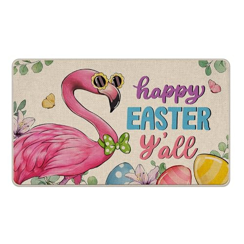 Happy Easter Flamingo Door Mat with Easter Eggs Welcome Design
