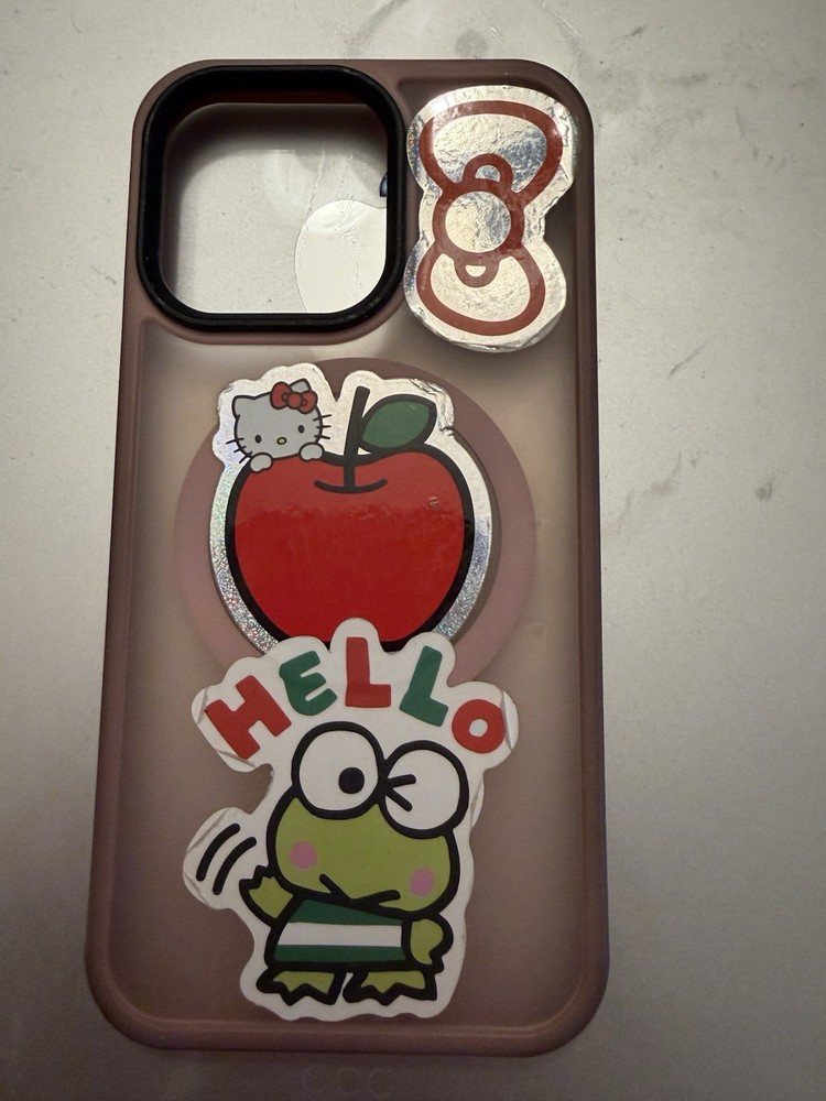 iPhone 13 Pro Silicone Pink Cell Phone Case W/Hello Kitty And Kerropi Stickers