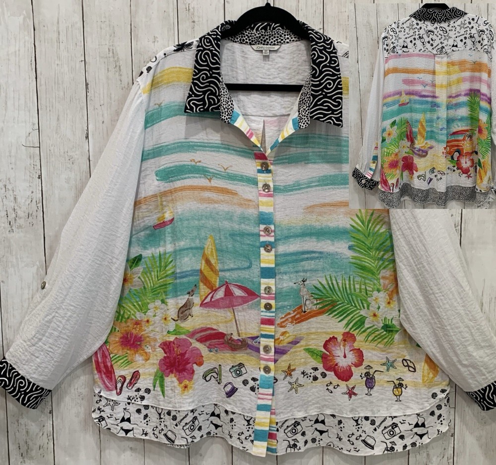 NWT John Mark Tunic Shirt Top Women 3X Beach Print Button Front Roll-Tab Sleeve