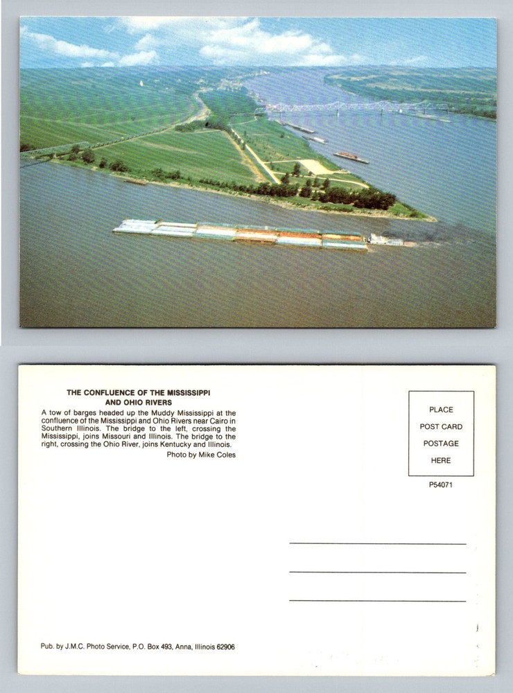 Cairo, IL-Illinois, Mississippi Ohio River Confluence Barge Tow Vintage Postcard