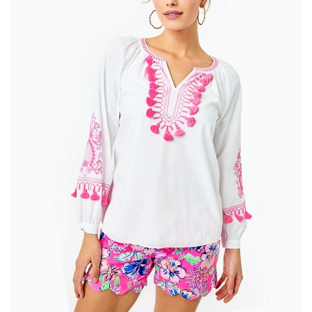 NWOT Lilly Pulitzer Kaydence Tunic Top Resort White Pink Tassel Trim Size XXS