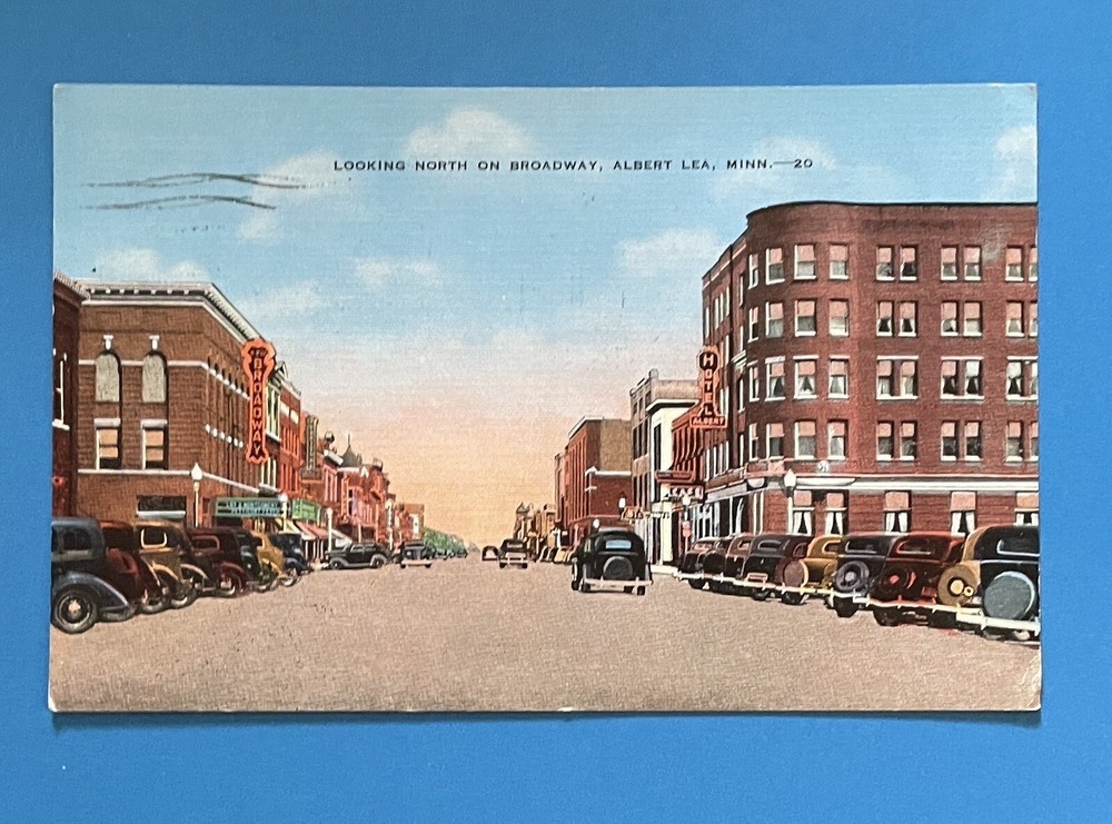 Albert Lea Minnesota Downtown Street View Broadway Theater 1938 Postcard