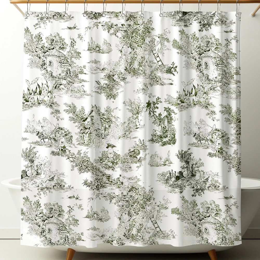 Vintage French Frog Toile Shower Curtain Cotton Print Curtain with 12 Metal H...