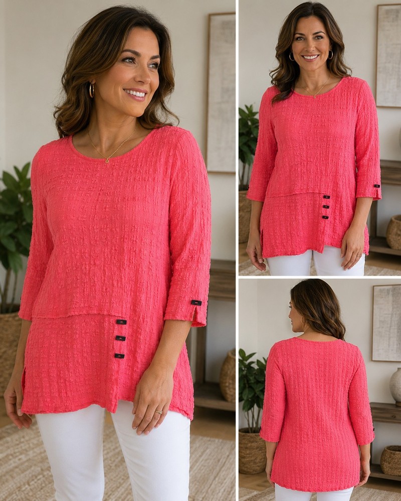 Ali Miles Textured Tunic Top Women’s Small Pink Coral 3/4 Sleeve Asymmetrical He