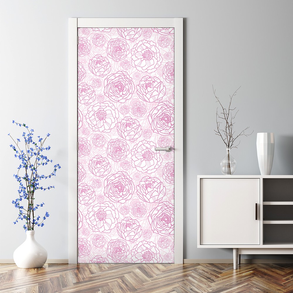 Pink line flowers self-adhesive pink and white Door Decal self-adhesive