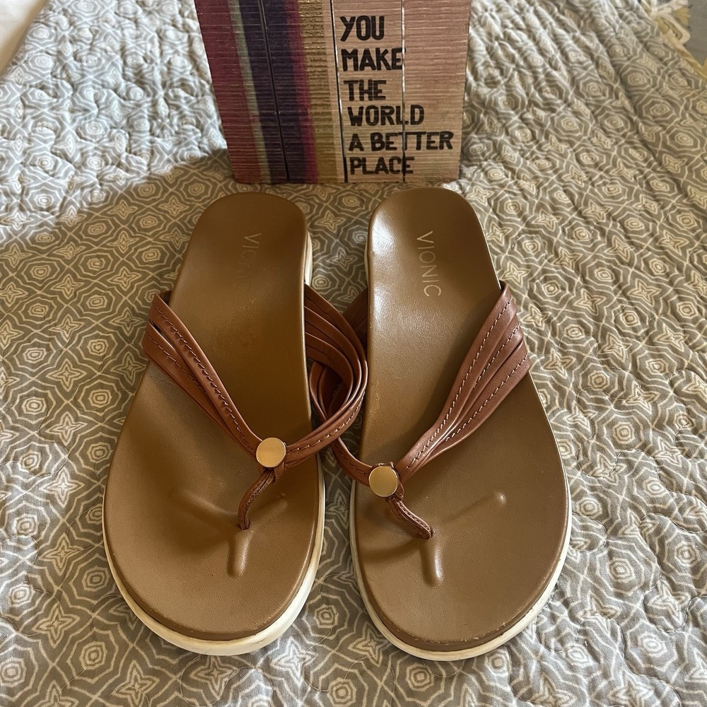 Vionic Palm Catalina Tan Brown Leather Orthoheel Sandals Size 8 Flip Flops  