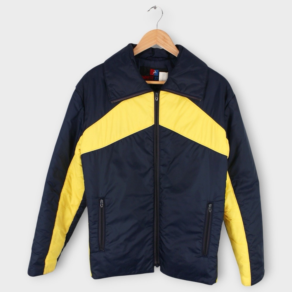 Vintage Ski Jacket White Stag Blue Yellow Chevron Stripe 80s Retro Size Medium