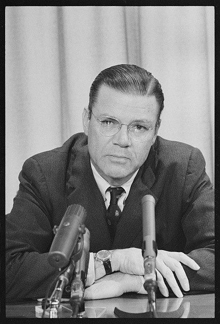 Secretary Defense Robert McNamara, front microphones press conference,