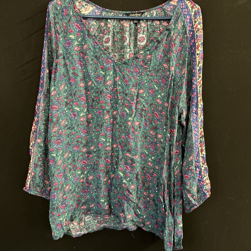 Lucky Brand Woman’s Long Sleeve Large Floral Boho Peasant Blouse V Neck