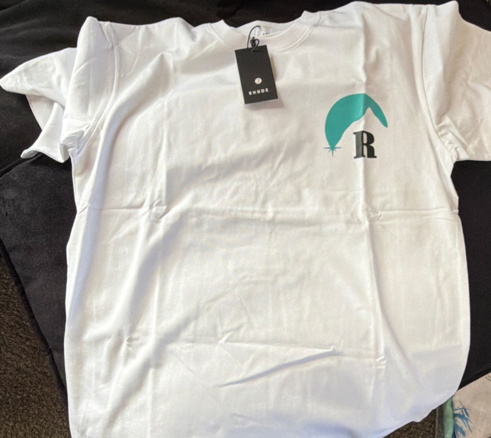RHUDE Men's L White Cotton Graphic Logo T-Shirt Short Sleeve Crew Neck