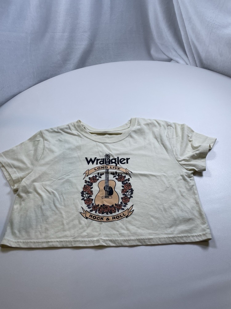 Wrangler LongLiveRock&Roll Graphic Crop T-Shirt M Cream Guitar Rose Western Tee