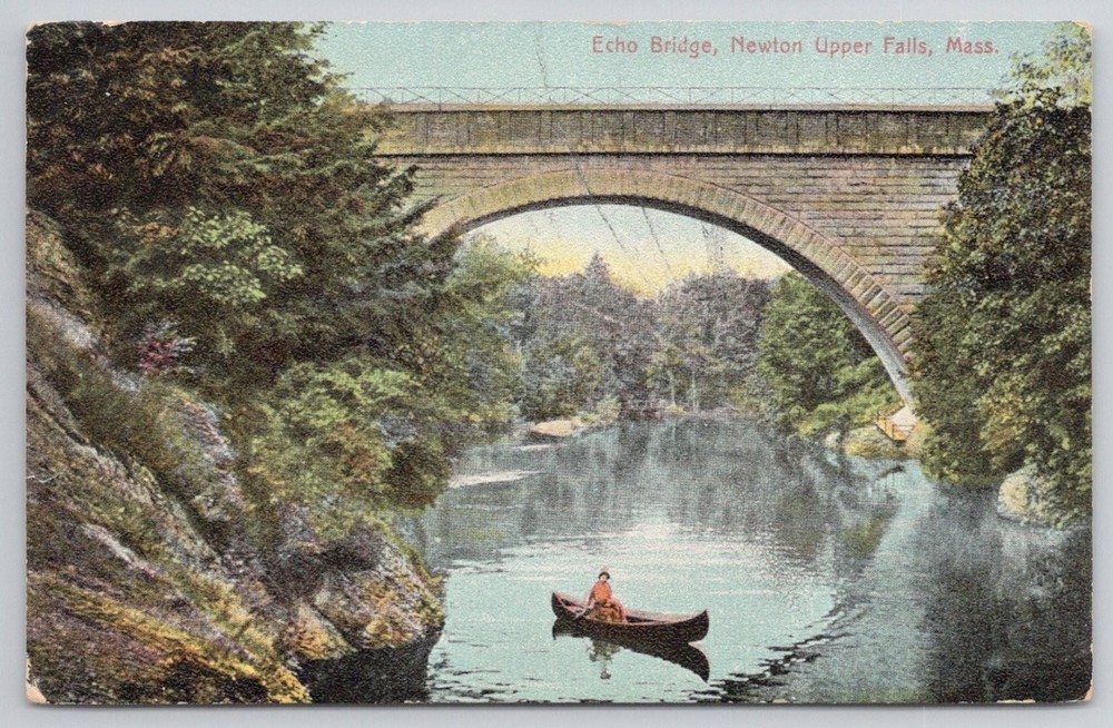 Echo Bridge Newton Upper Falls MA 1907 Postcard Canoe Metropolitan Pub