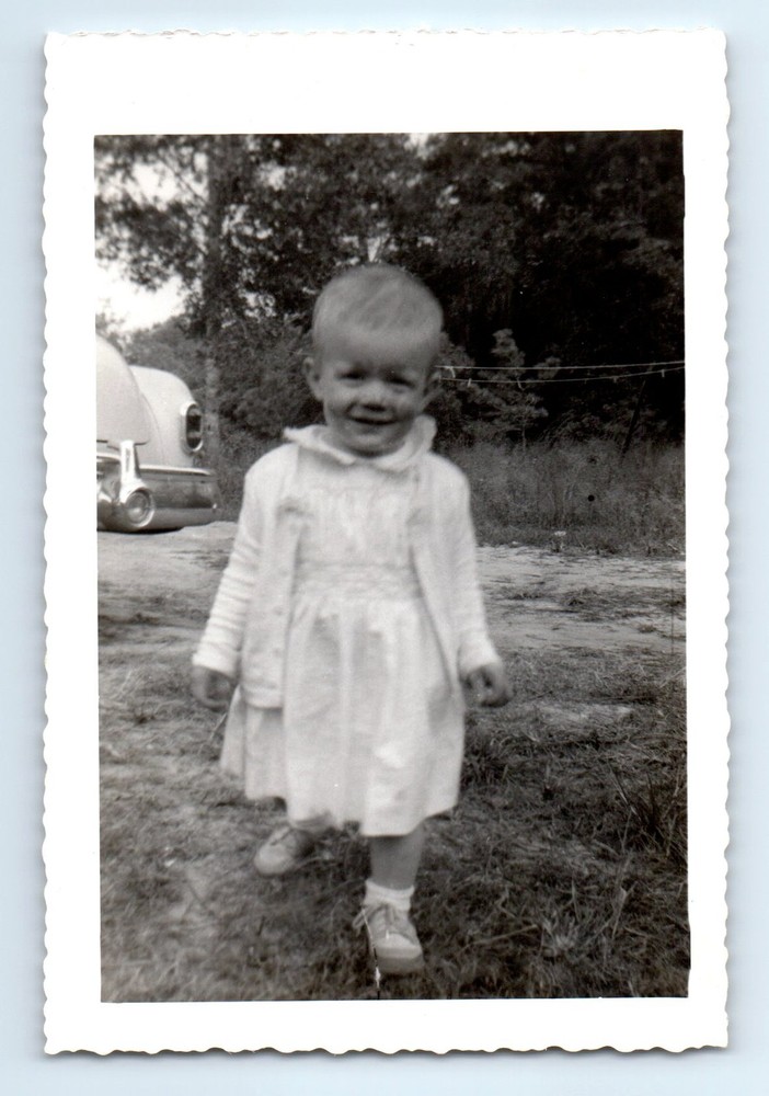 Old Vintage Photo TODDLER IN YARD ANTIQUE SNAPSHOT PHOTOGRAPH CLASSIC CAR