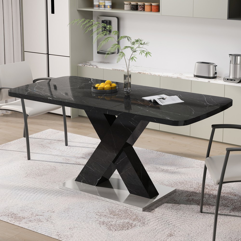 Modern Square Dining Table,Stretchable,Printed Black Faux Marble Table Top