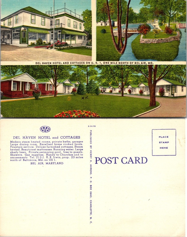 Del Haven Hotel Cottages Grounds Bel Air MD Postcard