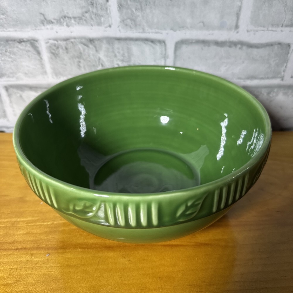 Ceramic Mixing Bowl 8 Inch Green Leaf Design for Serving or Prep
