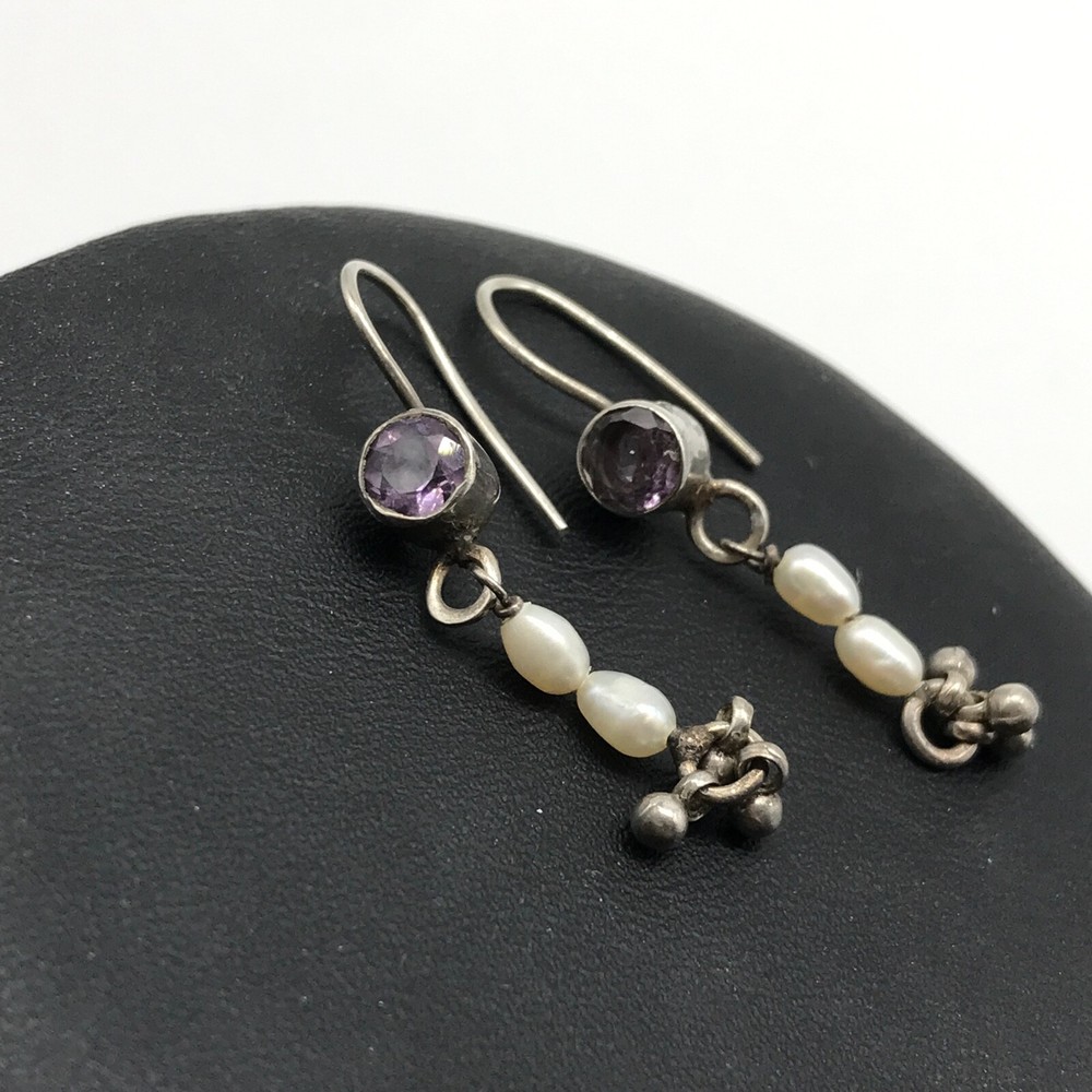Vintage 925 Sterling Silver Genuine Amethyst Pearl Dangle Earrings