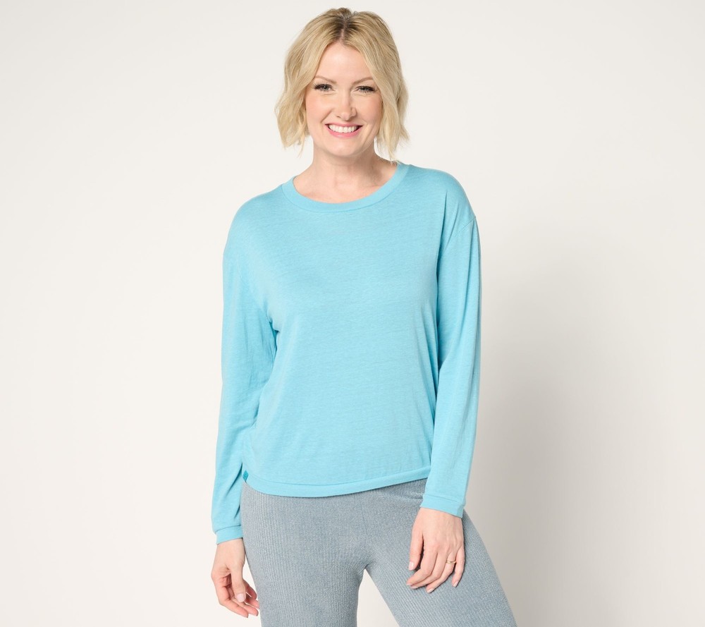 Barefoot Dreams Women's Top Sz L Slub Burnout Long Sleeve Tee Blue A680356