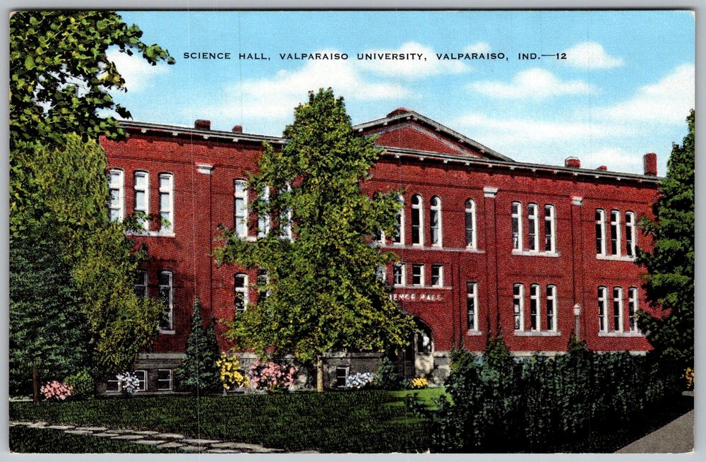 Vtg Linen Postcard Science Hall University Building Valparaiso, 1950s