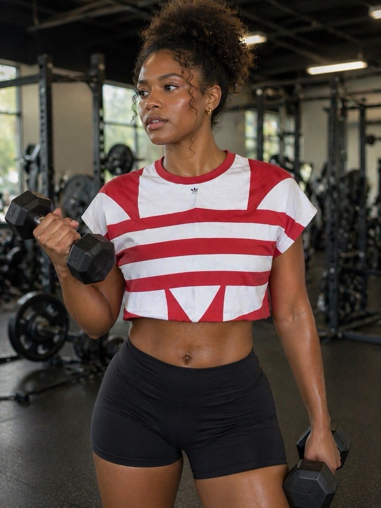 Women’s Adidas Crop Top Size Medium Red White Logo Short Sleeve Work Out Gym