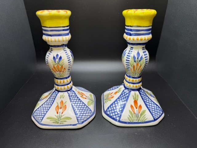 Henriot Quimper Faïence Candlestick Holders Pair — Breton Peasant Man & Woman