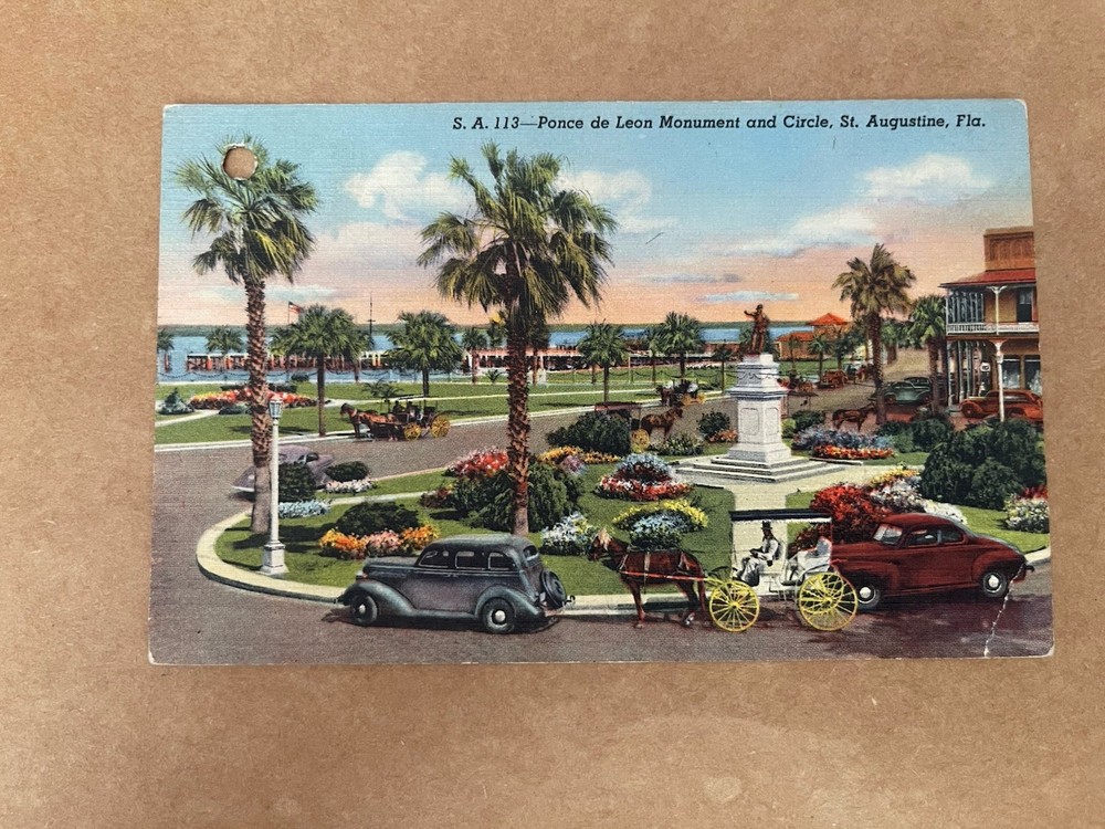 Linen Postcard St. Augustine, Florida~ Ponce De Leon Monument & Circle