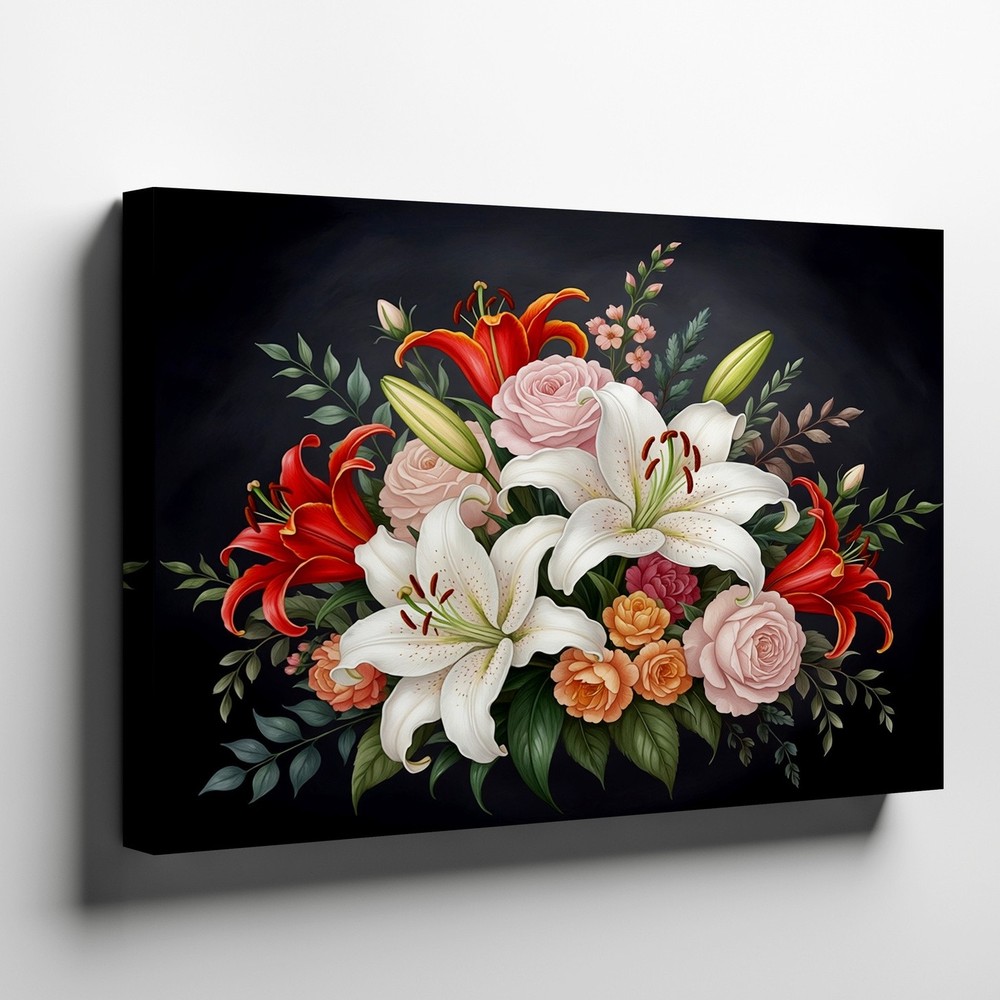 Floral Canvas Wall Art Red White Lilies Roses Bouquet Painting Home Decor Print