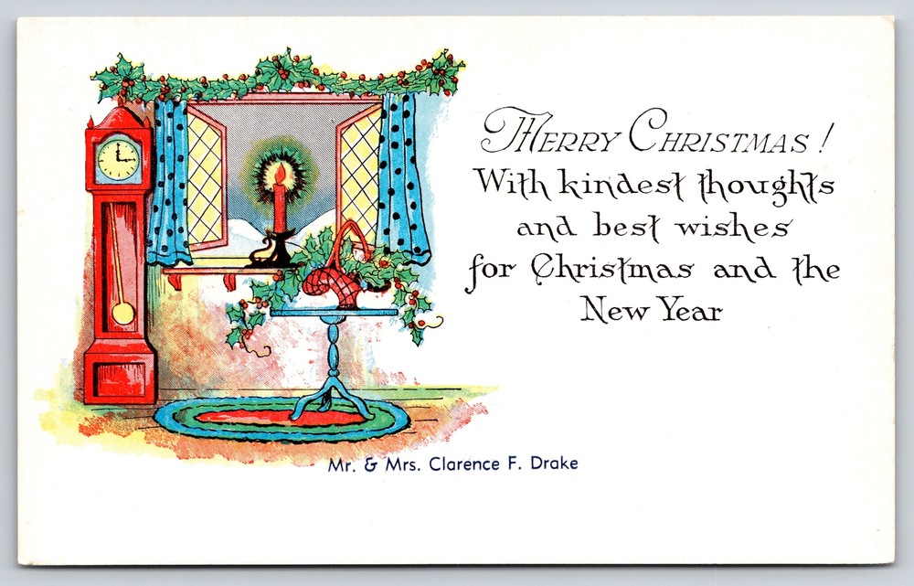 Greetings~Clock Holly & Candle In Window Christmas~Art Deco Vintage Postcard
