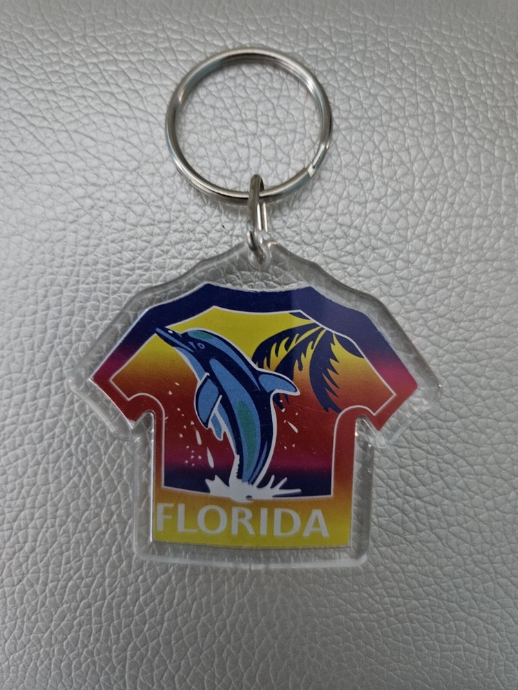 Vintage Florida Acrylic Palm Tree Dolphin Keychain souvenir Collectable
