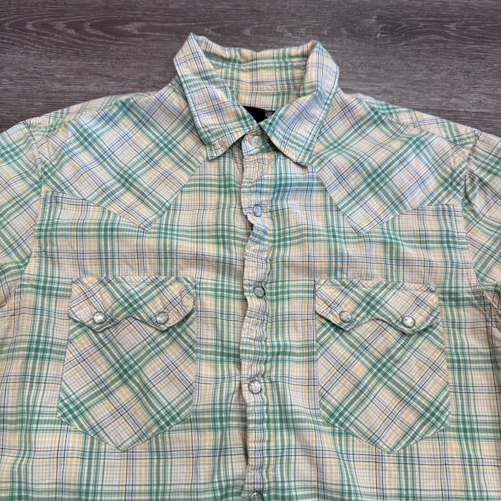 Polo Jeans Company Shirt Mens Medium Green Pearl Snap Plaid Pocket Western Rodeo