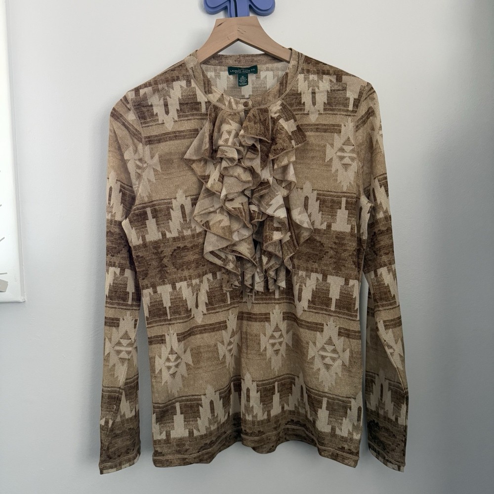 Lauren Ralph Lauren XL Southwestern Top Mesh Tribal Aztec Mesh Ruffle Beige Tan