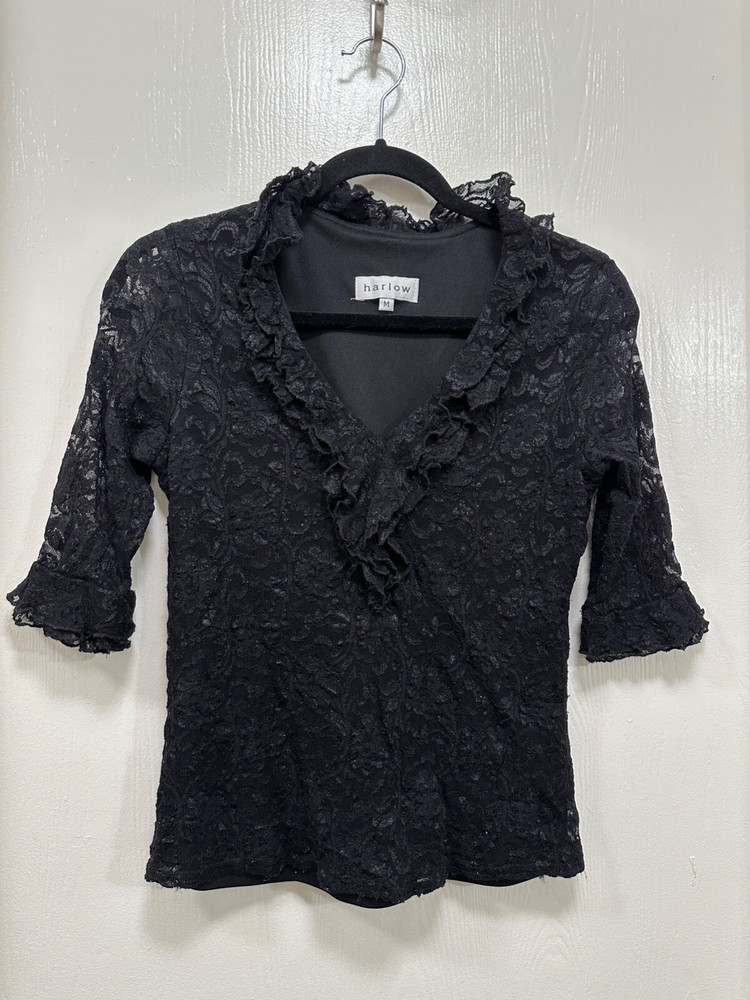 Harlow  Black Lace Top Floral Ruffled gothic Fairy Whimsigoth Junior size M