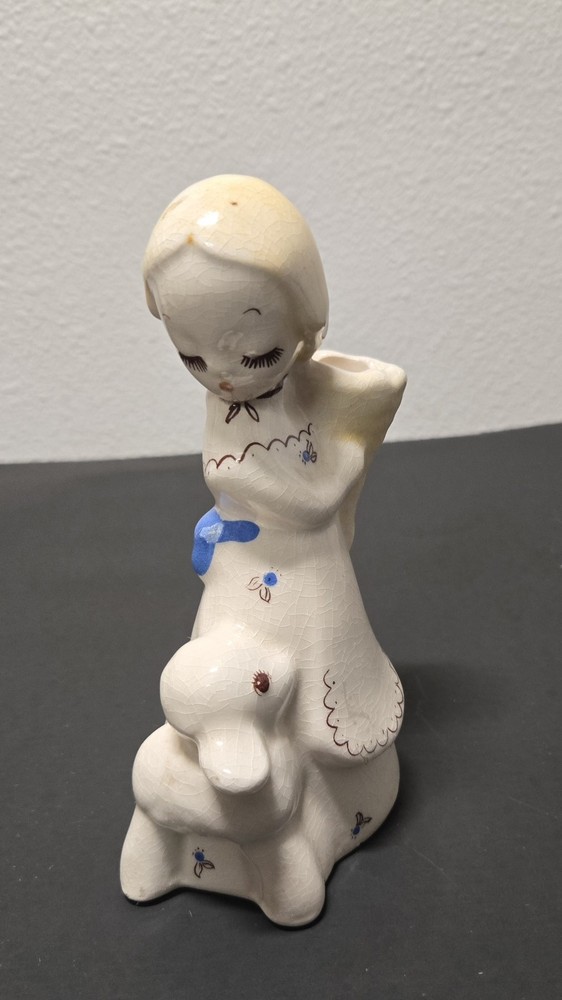 De Lee Art Pottery Girl & Lamb Vase Planter 1938 Kitschy California Pottery