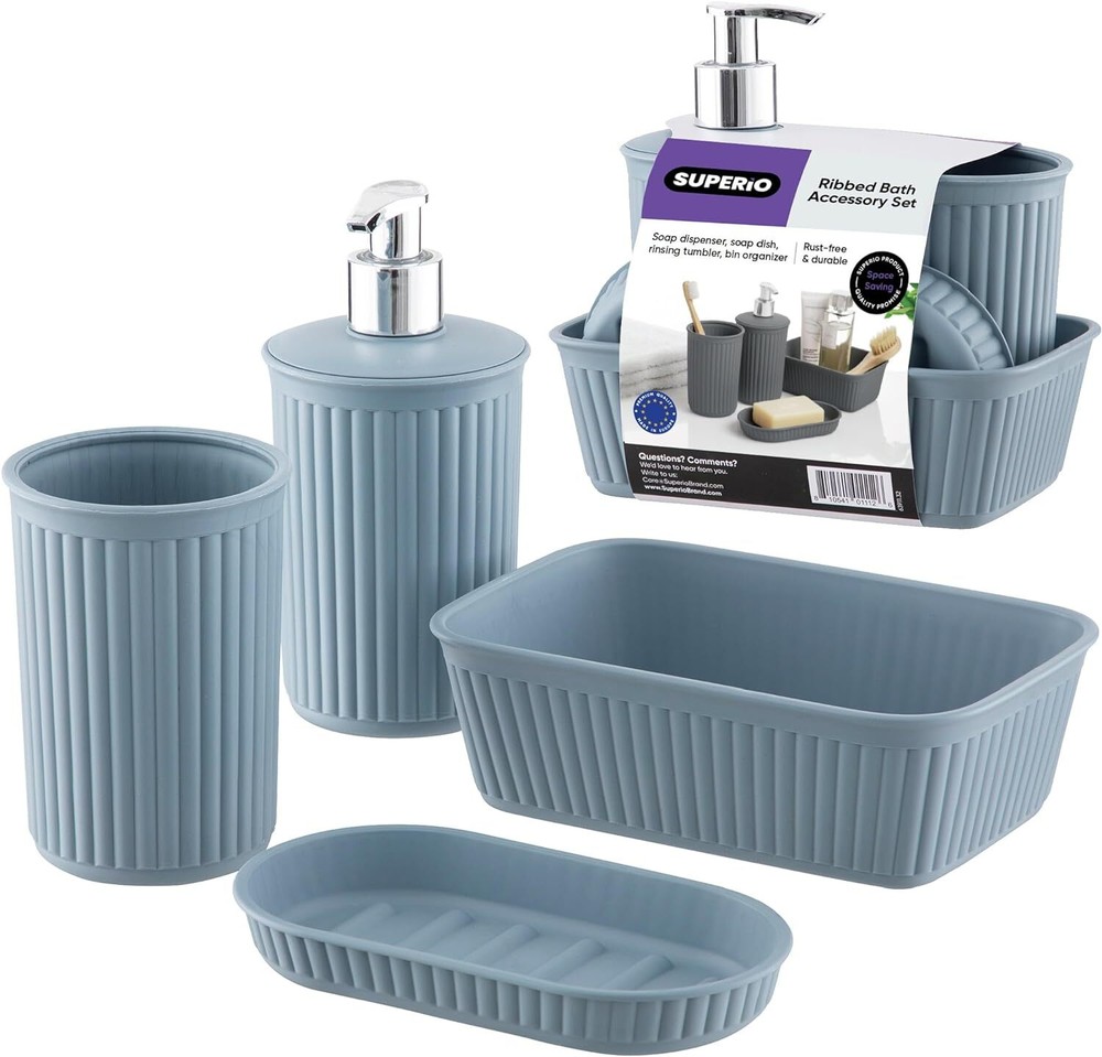 Superio Ribbed Collection - Decorative Bathroom Accessories (Set of 4), Blue