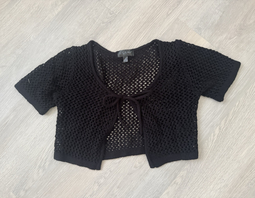 Icy Vert Women's Black Open-Knit Tie Front Bolero Shrug Sweater Short Sleeve L
