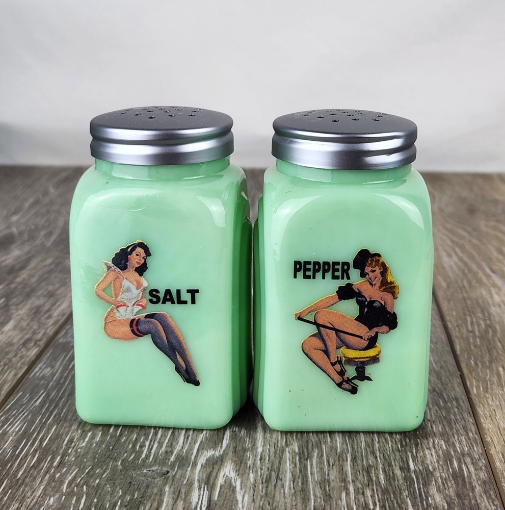 Jadeite Green Milk Glass Pin Up Salt & Pepper Shakers - Retro Kitchen Decor