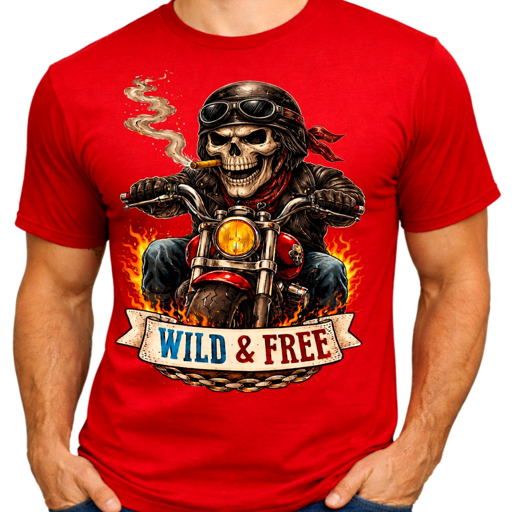 Biker Rider T Shirt Wild And Free Skull Motorcycle Graphic Vintage Tee Gift