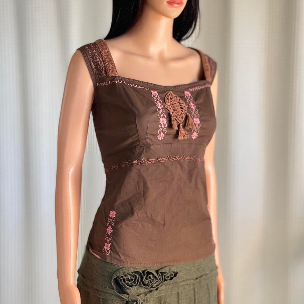 Vintage Y2K Anthropologie Odille Brown Top Boho Cottage Fairy Whimsygoth Size 12