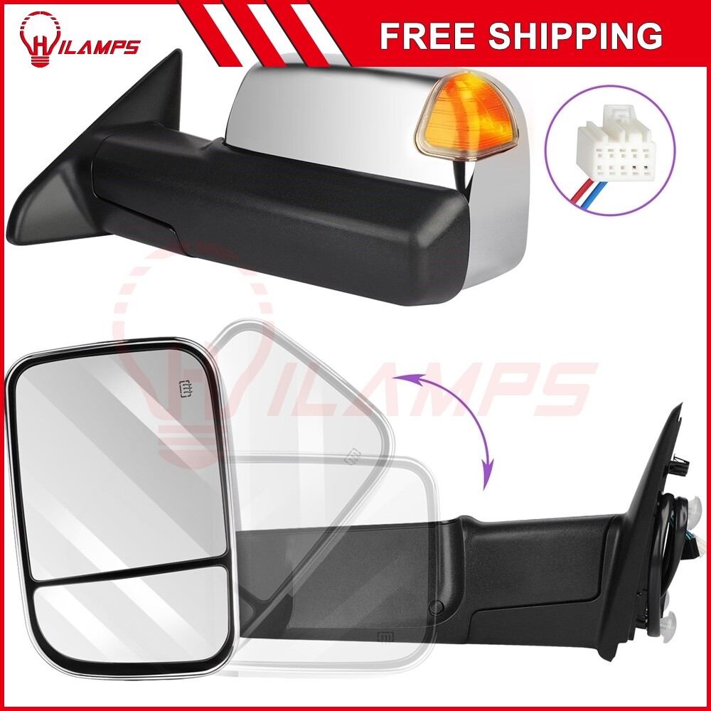 Chrome Tow Mirrors Fits 09-17 Dodge Ram 1500 Power Heated LED Signal Temp Sensor