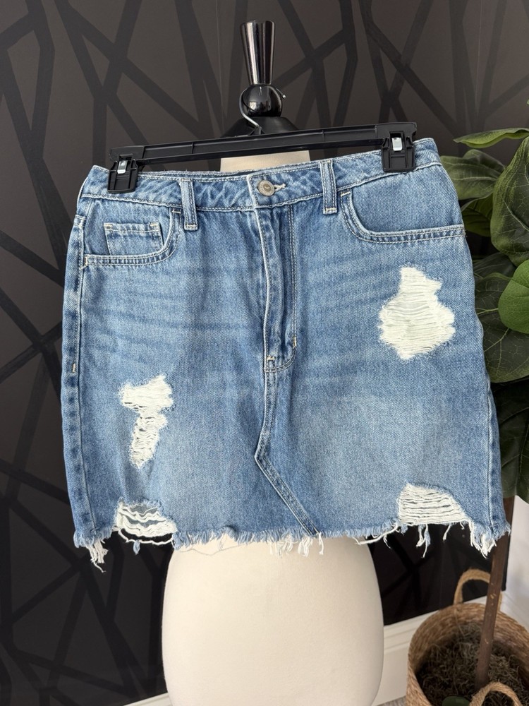 Hollister Jean Mini Skirt Women Size 5 W27 Ultra High Rise Blue Distressed Denim
