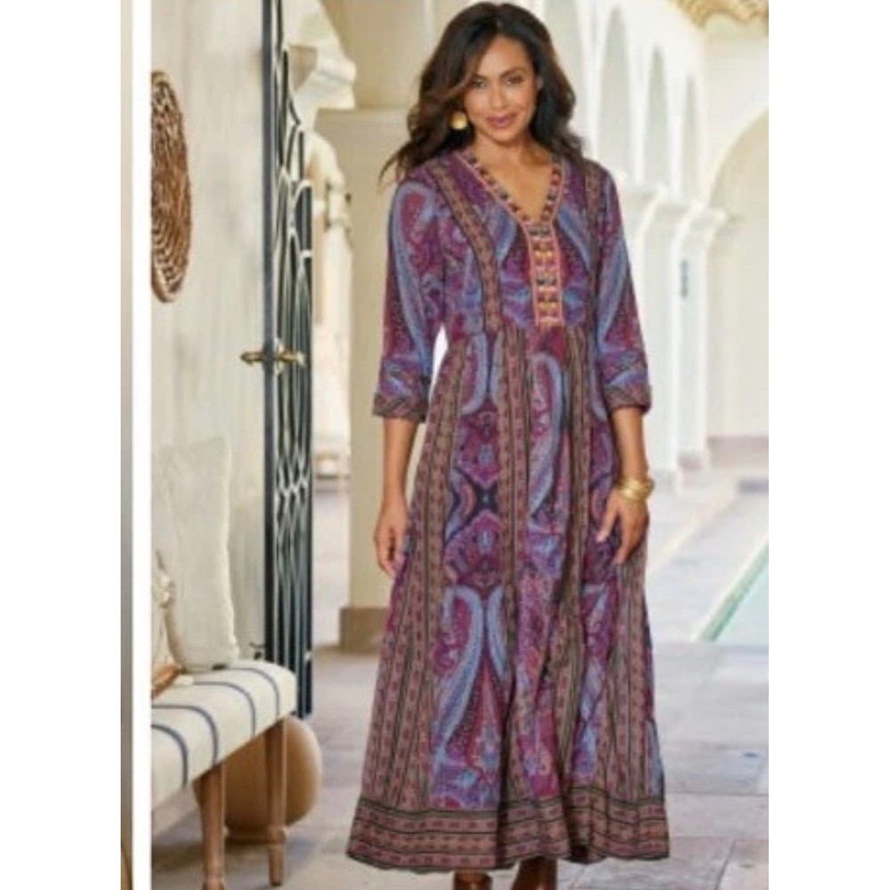 Soft Surroundings Mira Dress Womens Purple Paisley 3/4 Sleeve Boho M