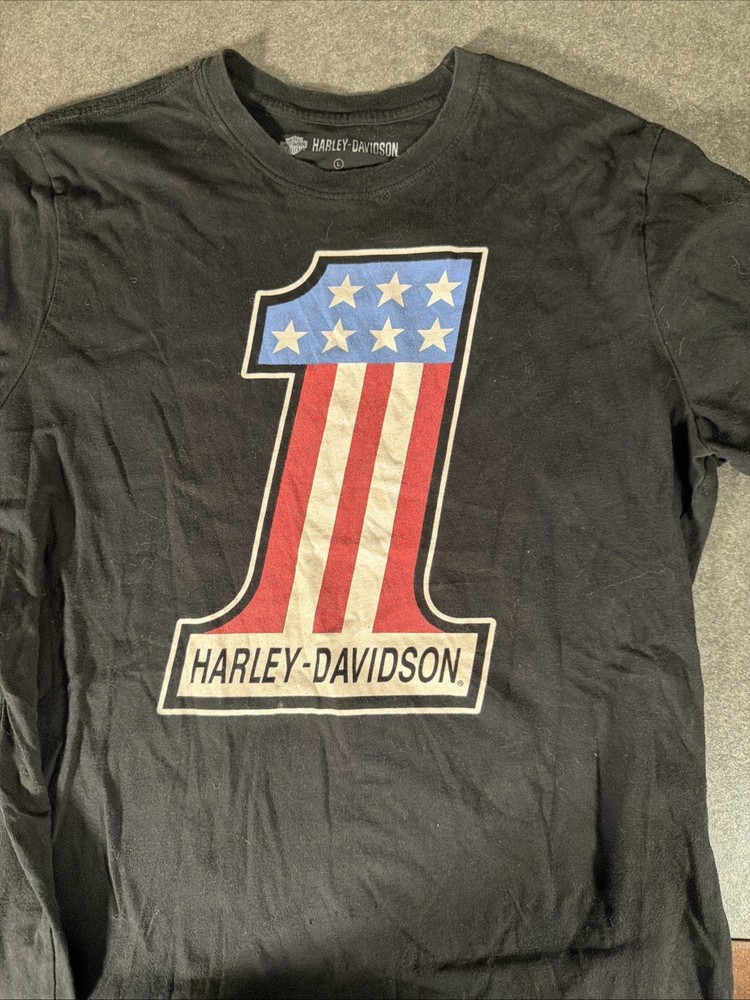 Harley Davidson Shirt Mens L Black 1 Logo American Flag Graphic Tee Biker Moto