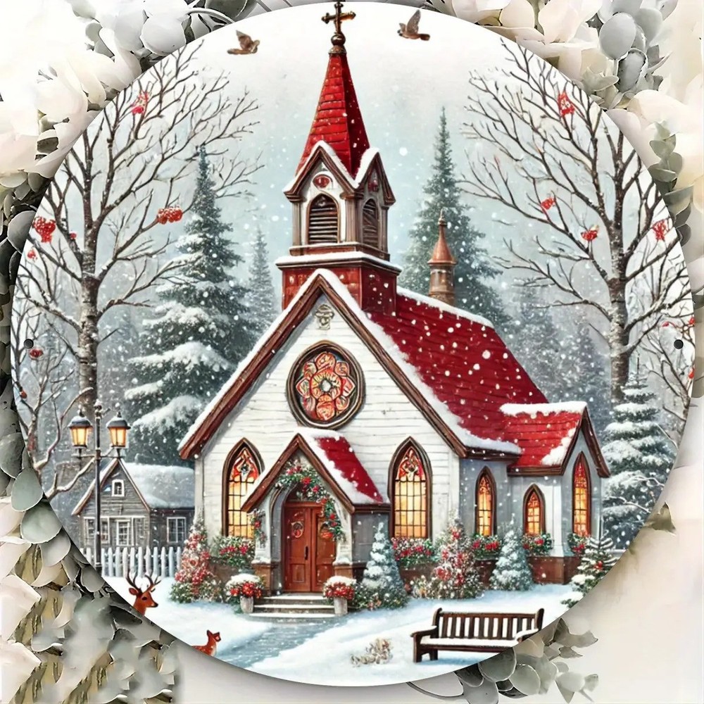 8Inch Round Vintage European Church Wall Art with Snowy Scene